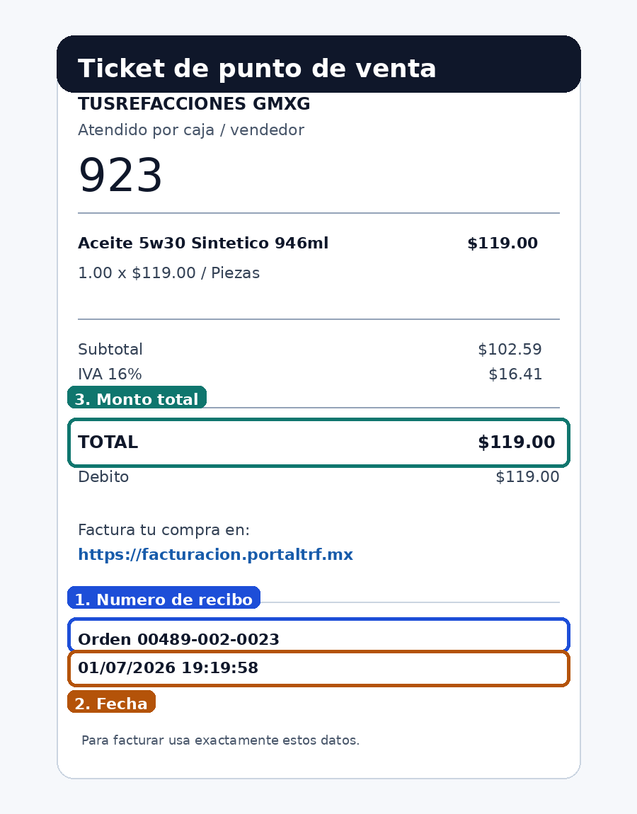 Ayuda visual para localizar recibo, fecha y monto en ticket de punto de venta